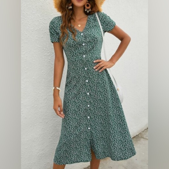 Vintage Ms Conduct California Women's Green Floral Short Sleeve Jersey Dress - 6 - Picture 2 of 14